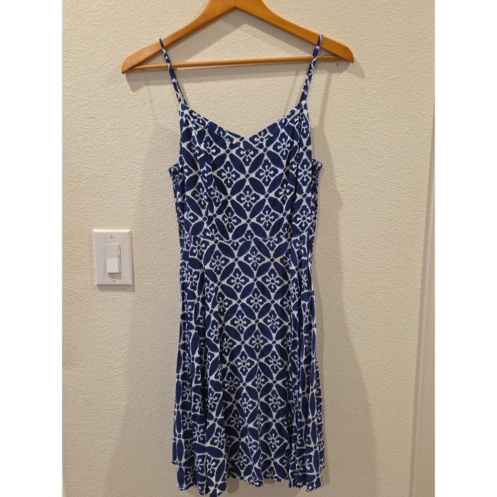 Old Navy Floral Tropical Print Tank Top Dress Blue White‎ Hawaiian Sz M Ruched